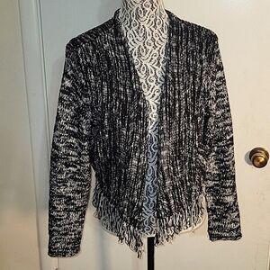 NICK & ZOE Fringe Cardigan Open Front Knit Sweater Black White Bohemian Style MP